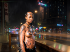 Screenshot of the video New Wave depicting a Tribal woman in a city by night.