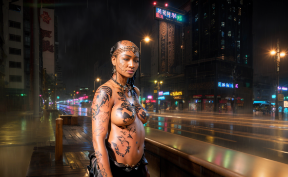 Screenshot of the video New Wave depicting a Tribal woman in a city by night.